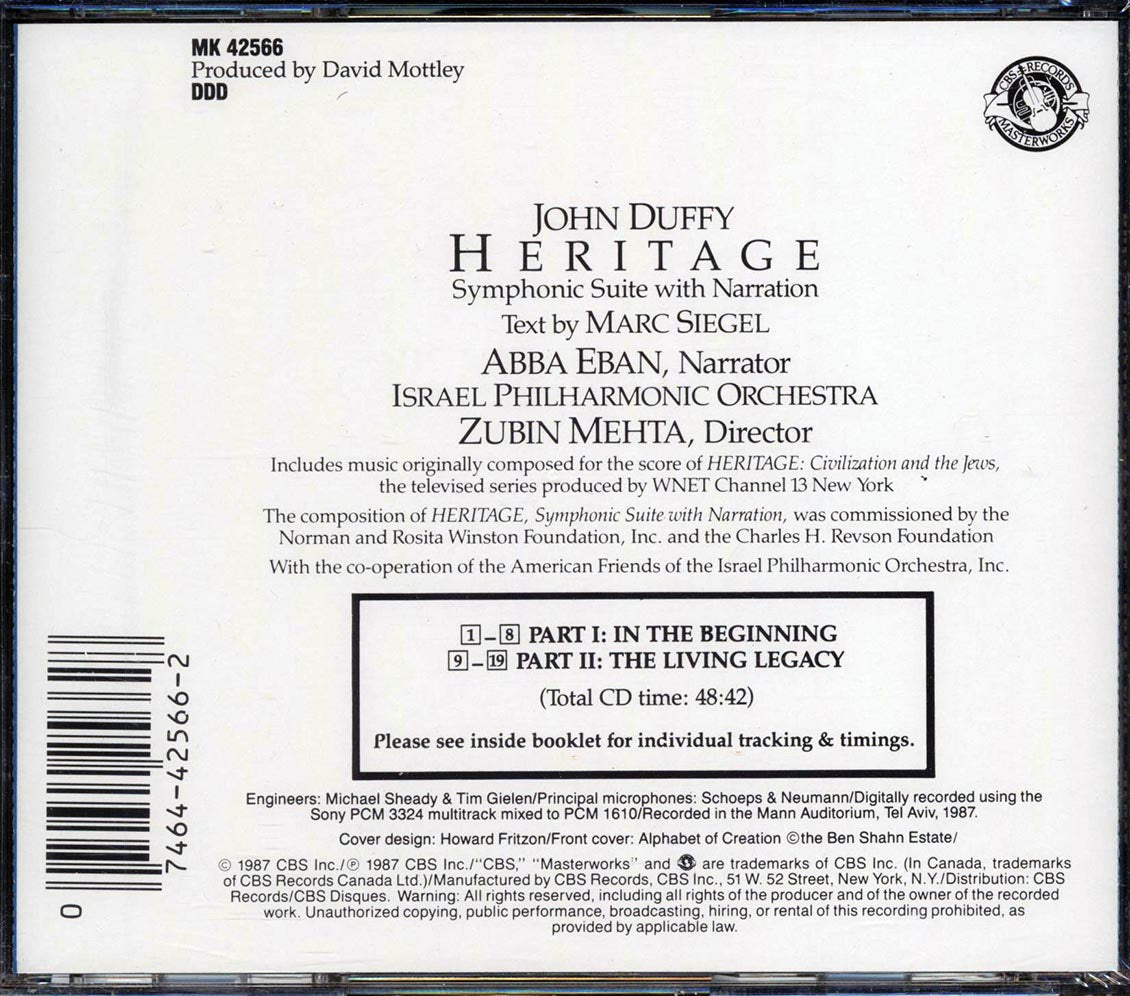 John Duffy, Israel Philharmonic Orchestra, Zubin Mehta - Heritage Music CD