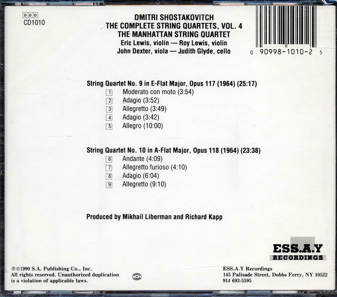 Shostakovitch, Manhattan String Quartet - Complete String Quartets Vol. 4: Nos. 9,10 Music CD