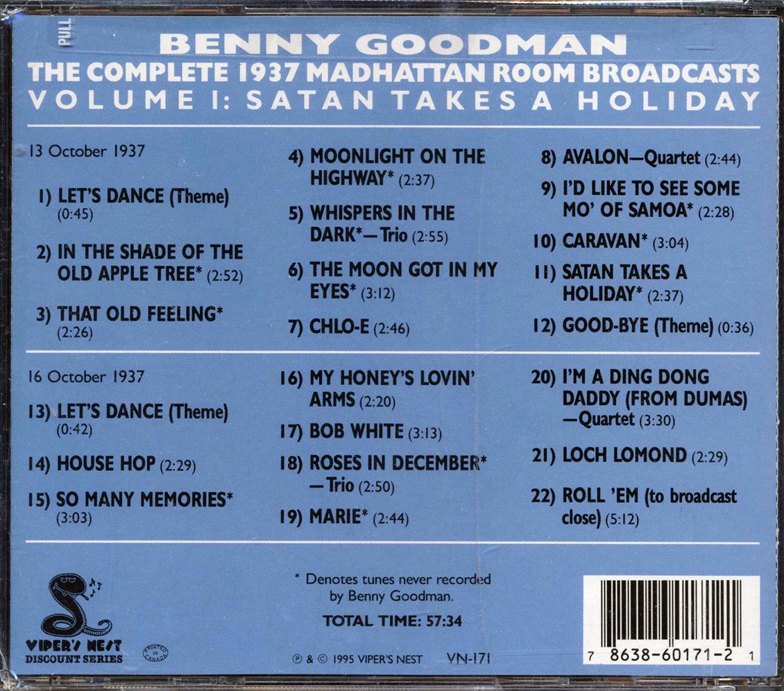 Benny Goodman - The Complete 1937 Madhattan Room Broadcasts Volume 1: Satan Takes A Holiday Music CD