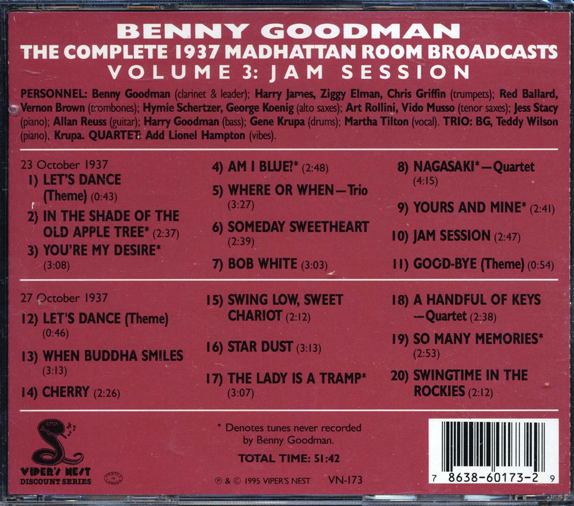 Benny Goodman - The Complete 1937 Madhattan Room Broadcasts Volume 3: Jam Session (20 tracks) Music CD