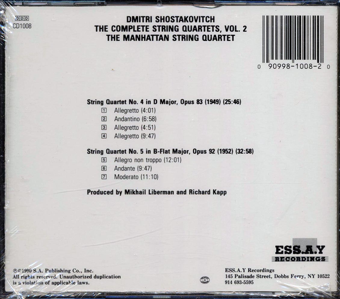Shostakovitch, Manhattan String Quartet - The Complete String Quartets Volume 2 Nos. 4 & 5 Music CD