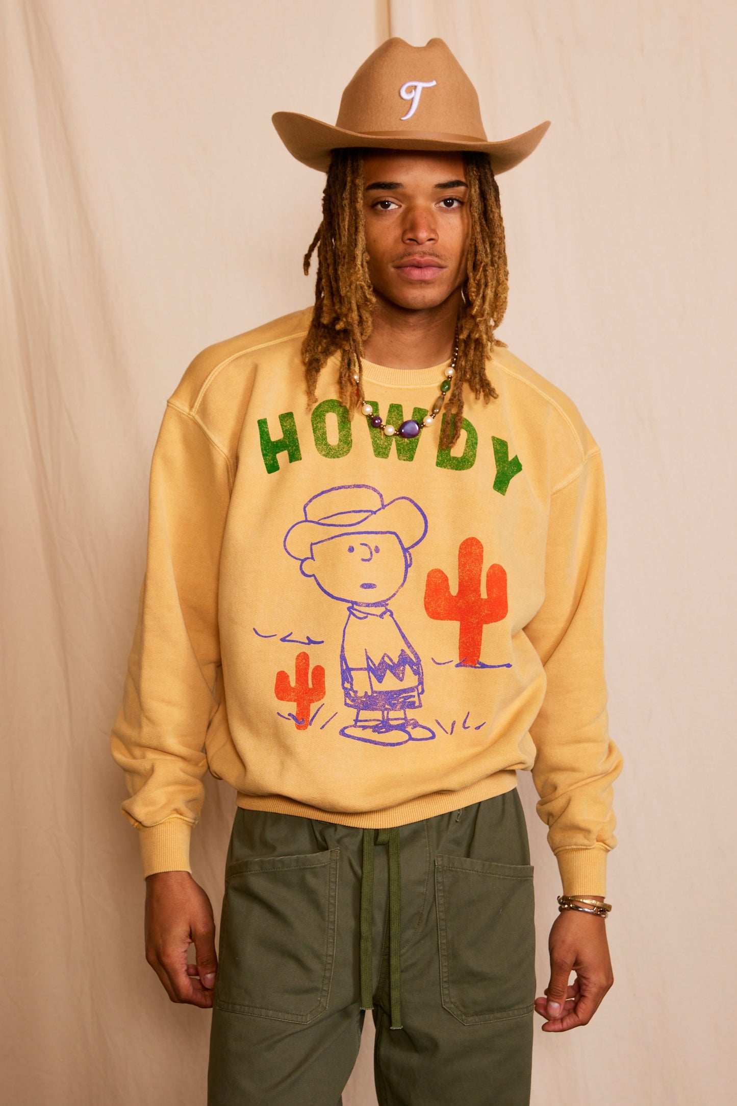 Peanuts Cowboy Charlie Mens Sweatshirt Mustard