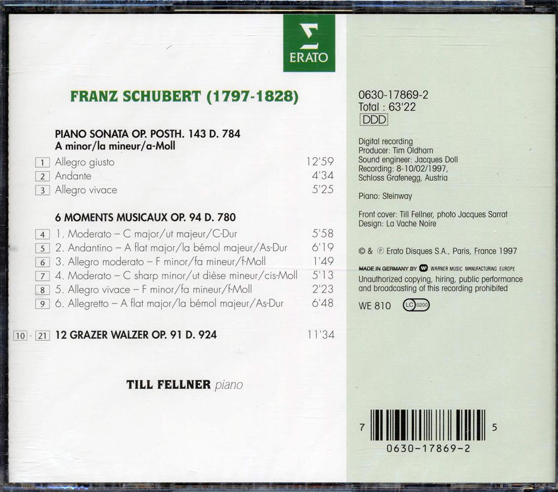Schubert, Till Fellner - Piano Sonata D.784: 6 Moments Musicaux D.780 Music CD