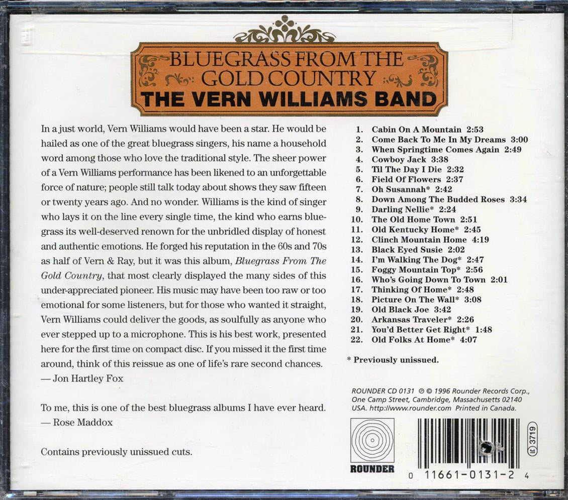 Vern Williams Band - Bluegrass From The Gold Country (22 tracks) (marked/ltd stock) Music CD