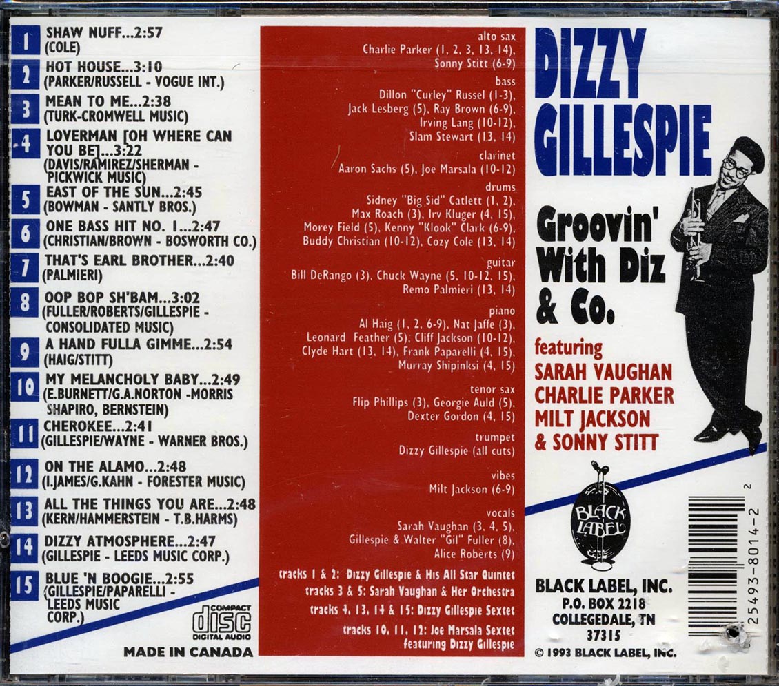 Dizzy Gillespie, Sarah Vaughan, Charlie Parker, Milt Jackson, Sonny Stitt - Groovin' With Diz & Co. (marked/ltd stock) Music CD