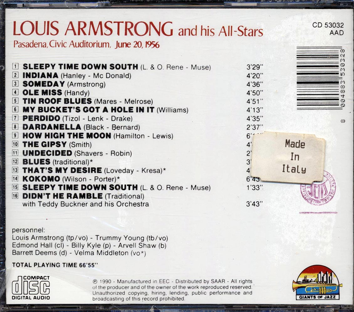 Louis Armstrong & His All Stars - Pasadena, Civic Auditorium June 20, 1956 Music CD