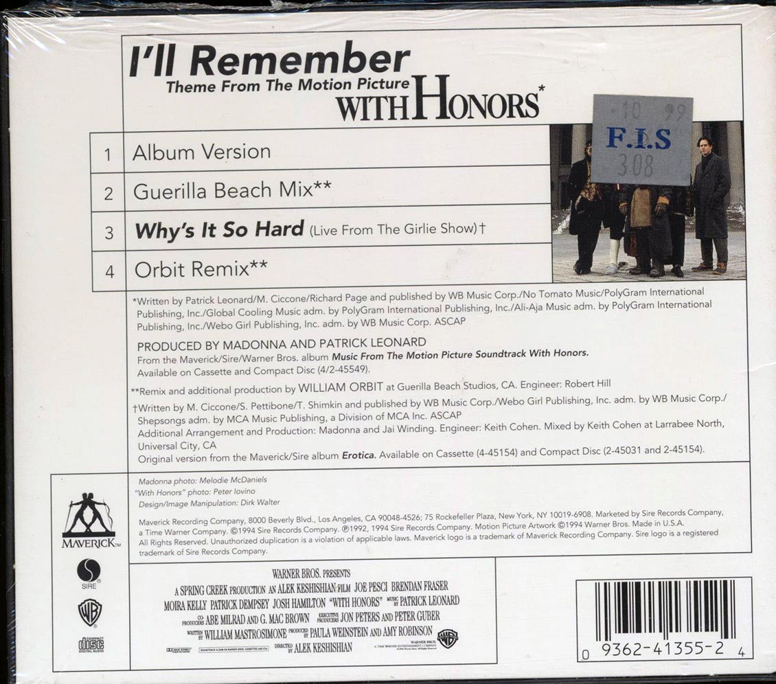 Madonna I'll Remember Theme From The Motion Picture With Honors Music CD