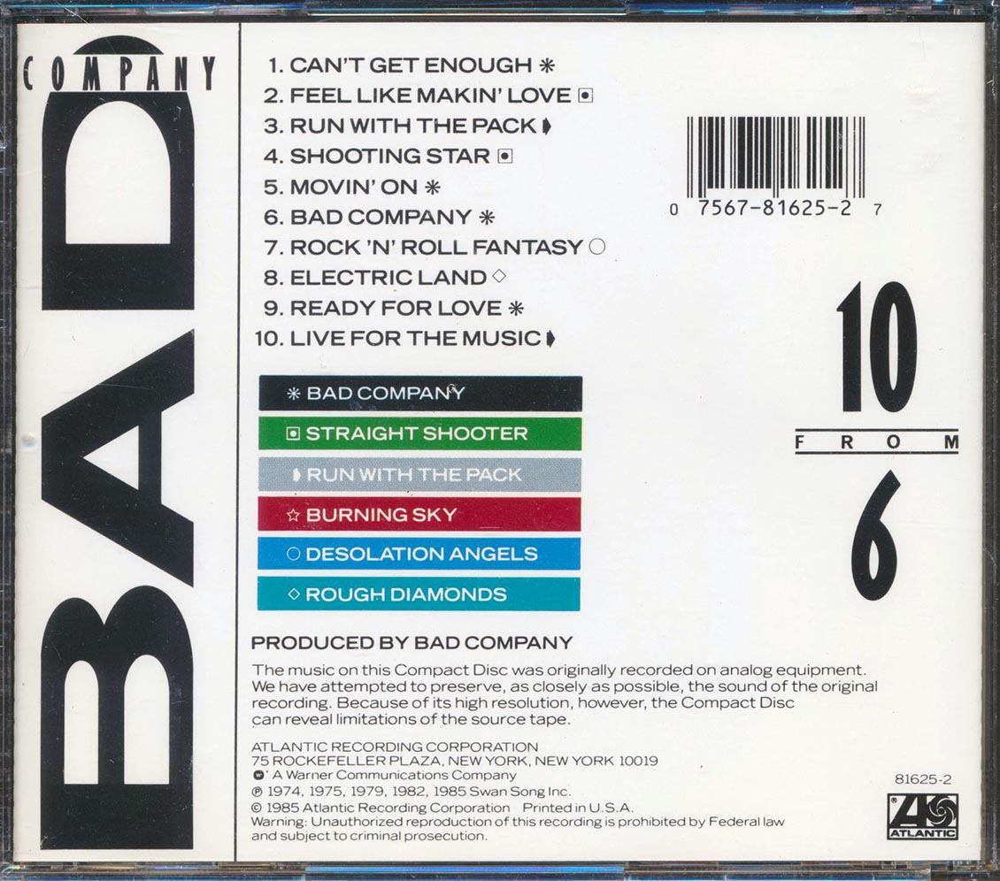 Bad Company - 10 From 6 Music CD