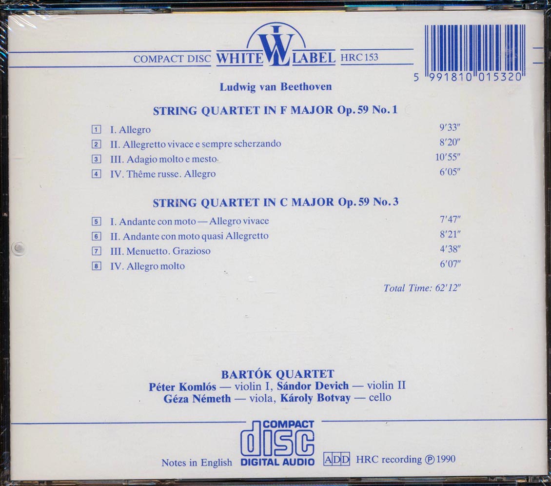 Beethoven, Bartok Quartet - String Quartets Op. 59 Nos. 1, 3 Music CD