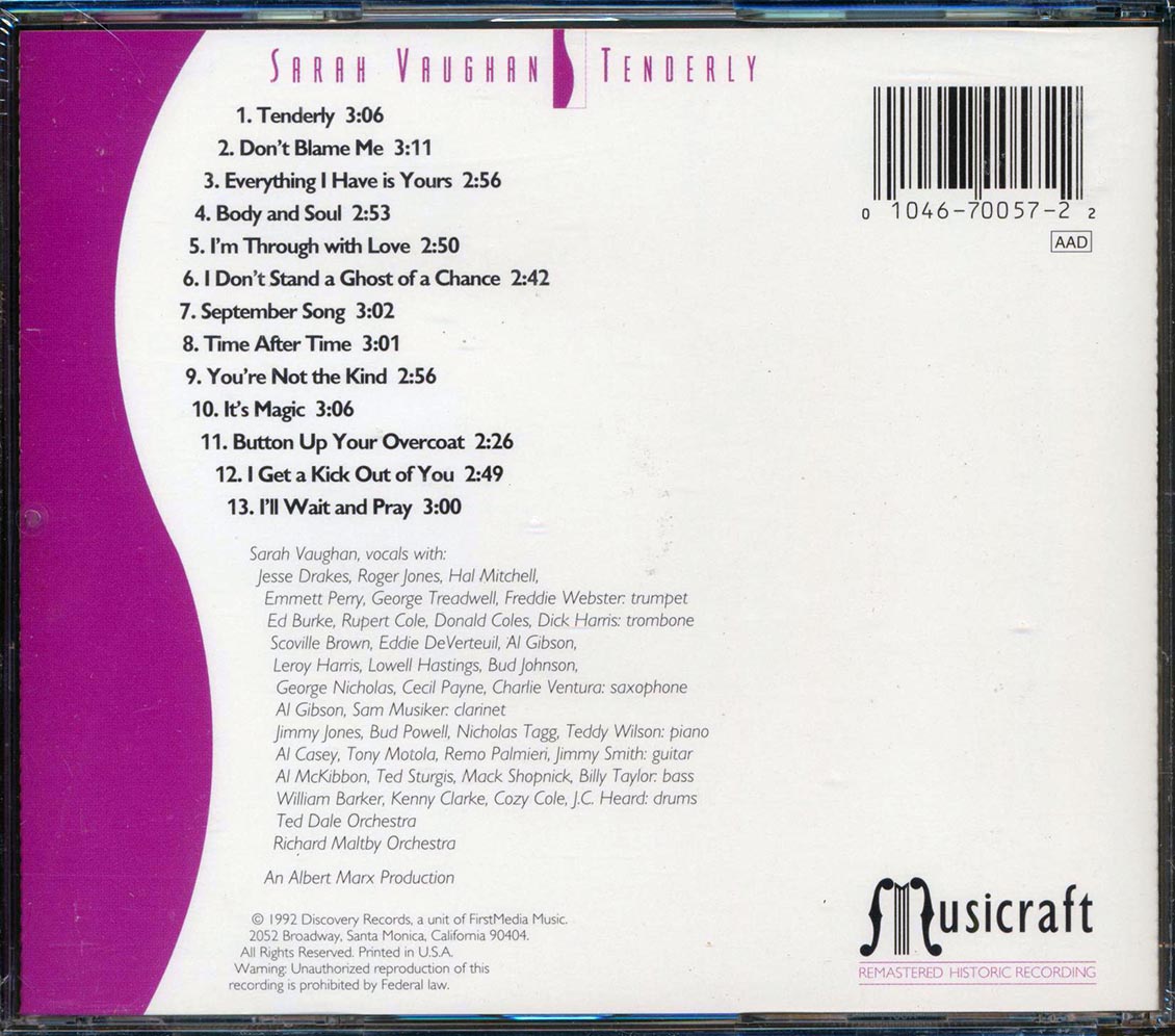 Sarah Vaughan - Tenderly Music CD