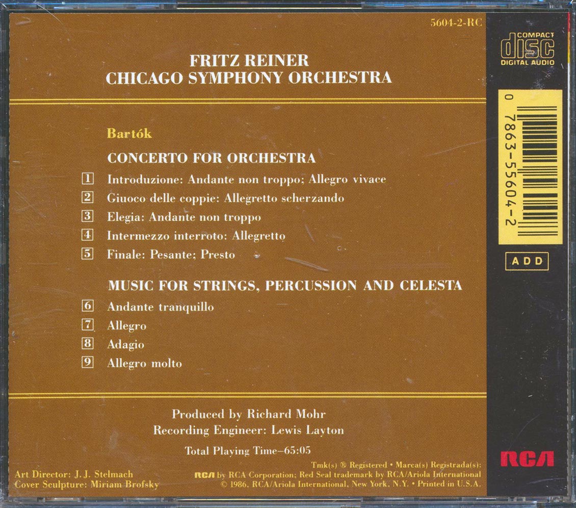 Fritz Reiner, Chicago Symphony, Bartok - Concerto For Orchestra; Music For Strings; Percussion And Celesta Music CD