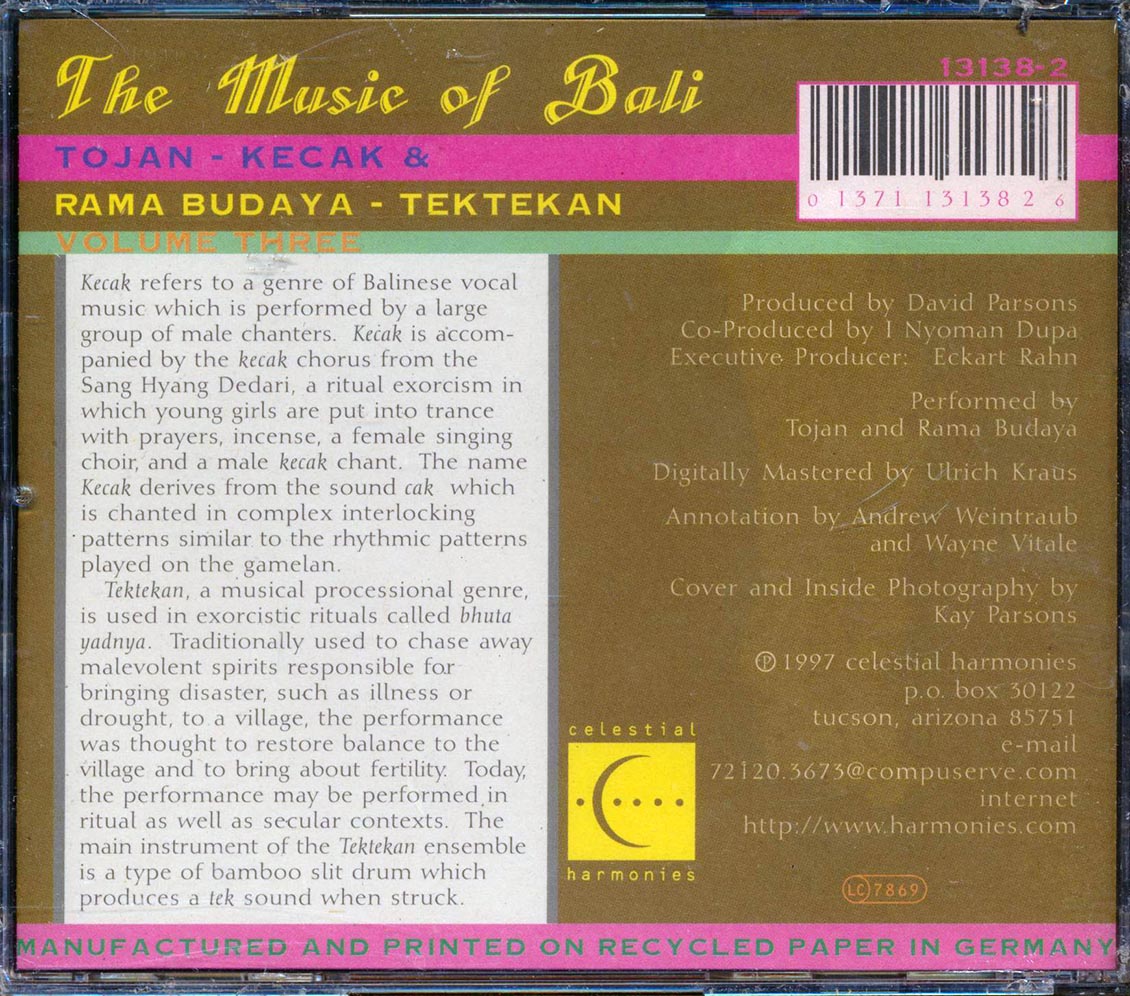 Tojan & Rama Budaya - Kecak & Tektekan: The Music Of Bali Volume 3 Music CD