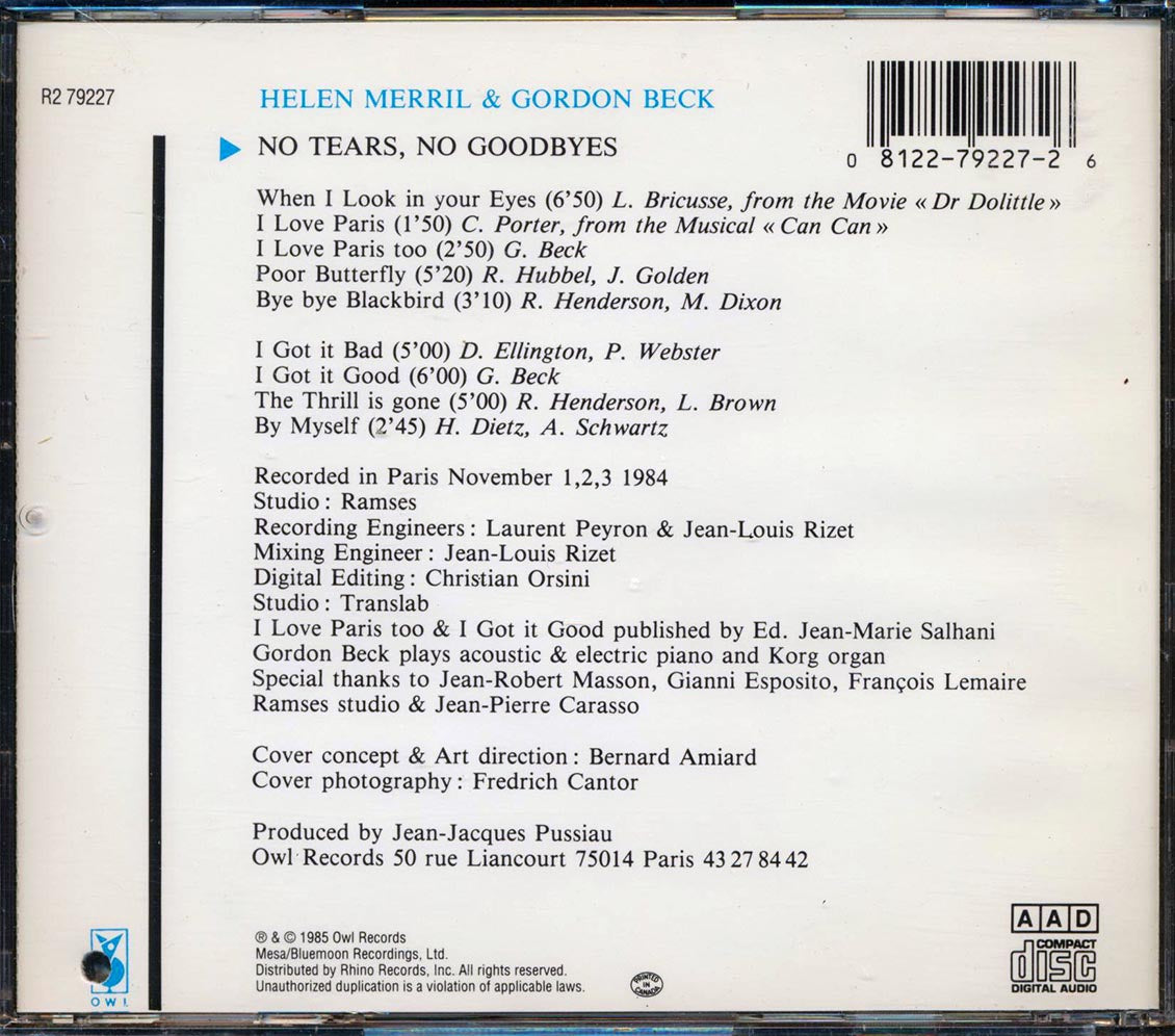 Helen Merrill, Gordon Beck - No Tears, No Goodbyes Music CD