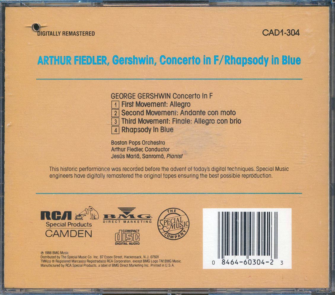 Arthur Fiedler, Boston Pops Orchestra, Jesus Maria Sanroma, Gershwin - Concerto In F; Rhapsody In Blue Music CD