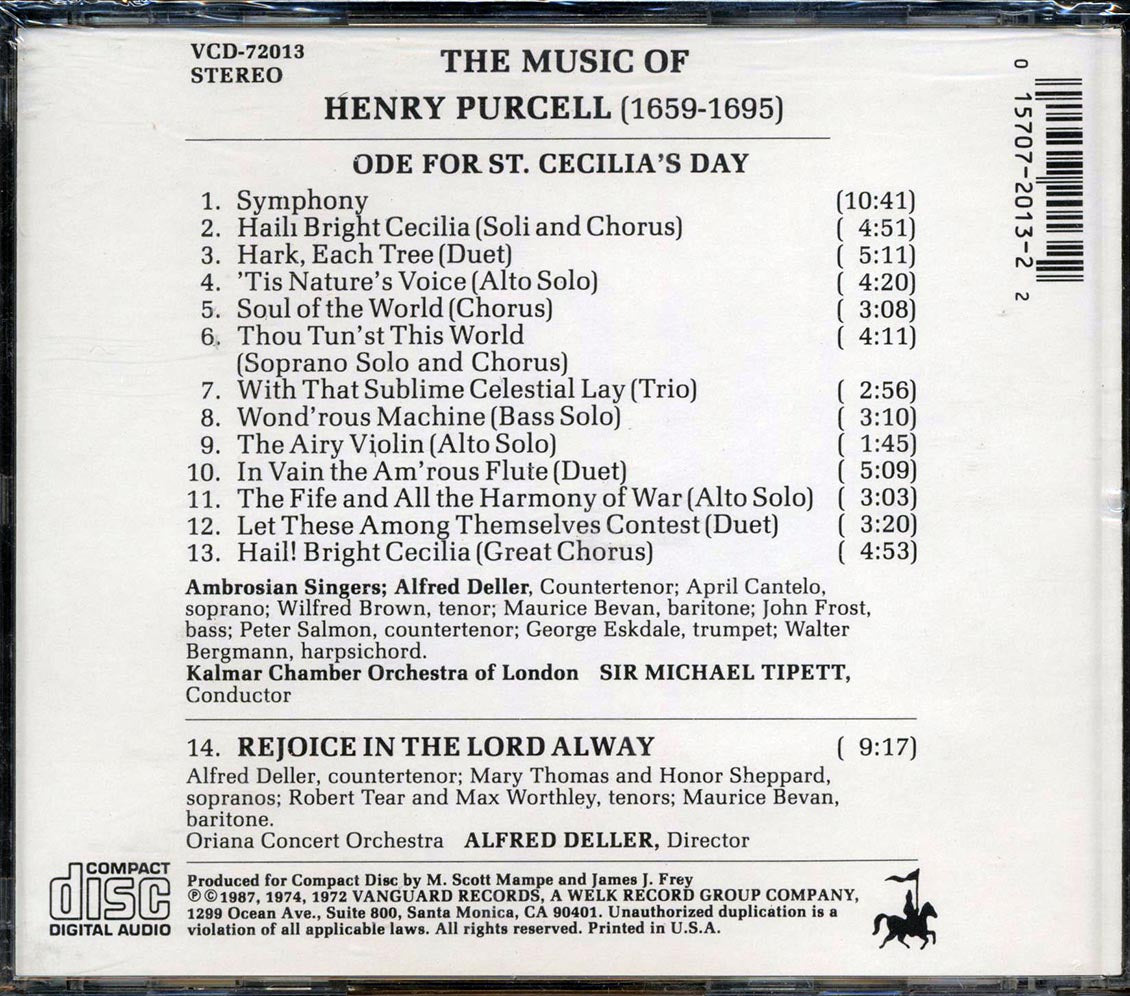 Purcell Alfred Deller Sir Michael Tippett The Music Of Purcell Music CD