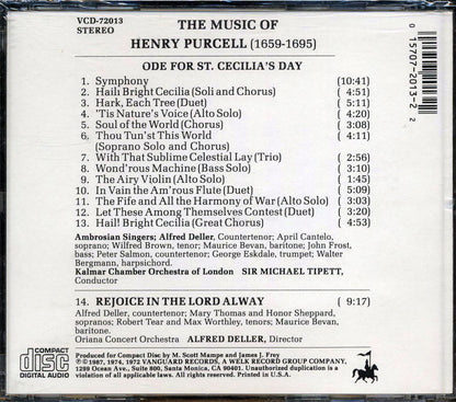 Purcell Alfred Deller Sir Michael Tippett The Music Of Purcell Music CD