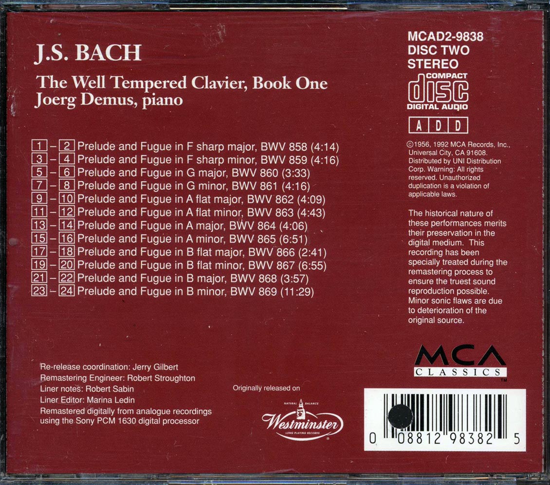 Bach, Joerg Demus - The Well-Tempered Clavier Part One Of Book One (marked/ltd stock) Music CD