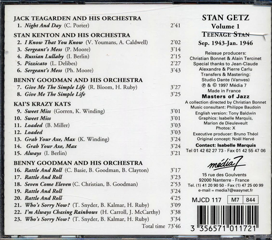 Stan Getz - Volume 1: Teenage Stan 1943-1946 Complete Edition Music CD