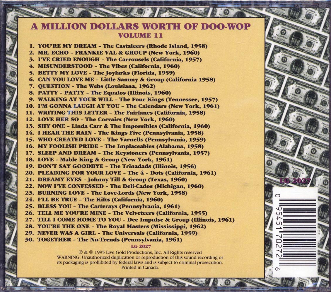 The Castaleers, Frankie Val & Group, Carousels, The Vibes, Etc. - A Million Dollars Worth Of Doo-Wop Volume 11 (30 tracks) Music CD