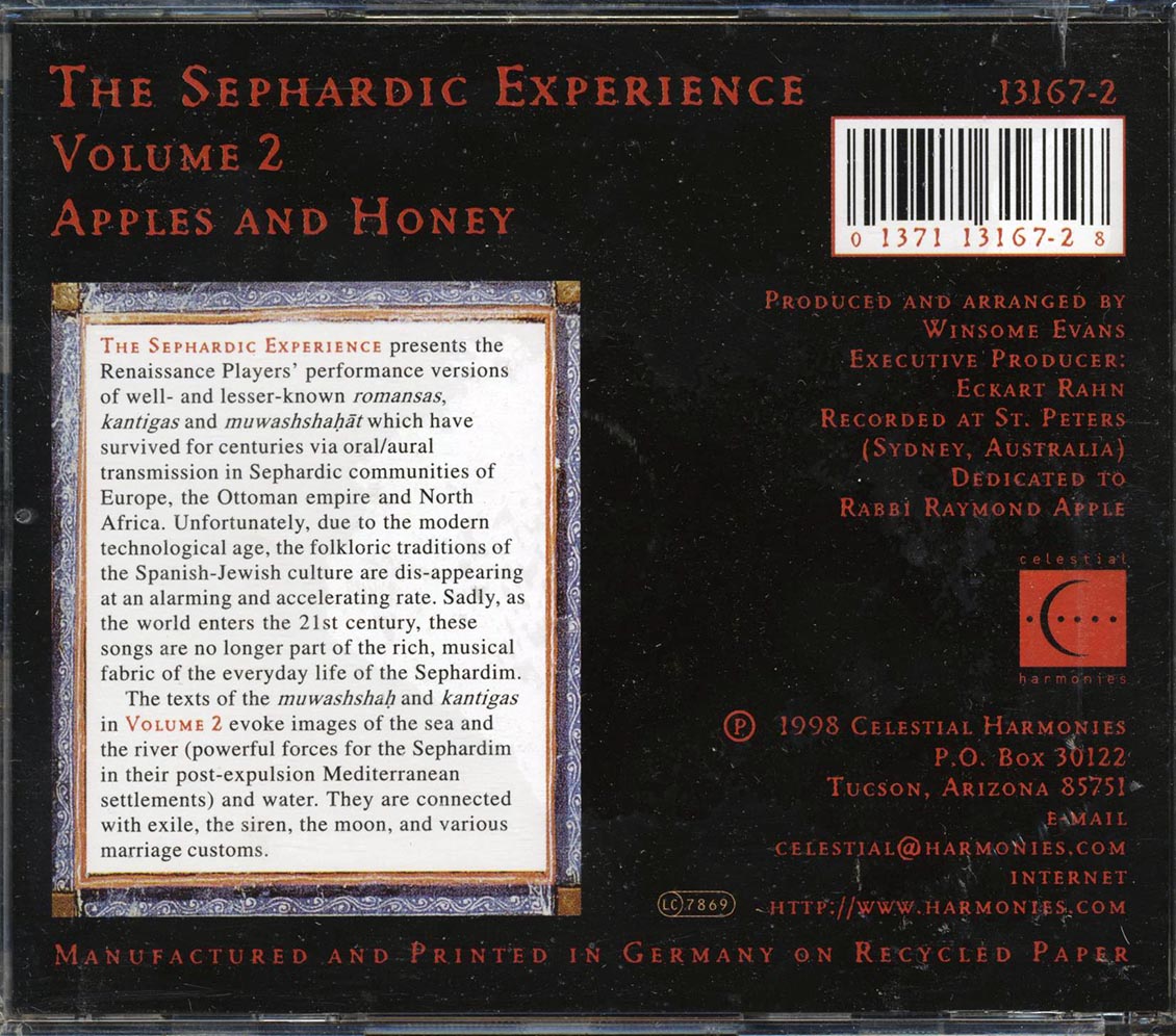 The Renaissance Players, Winsome Evans - The Sephardic Experience Volume 2: Apples And Honey Music CD