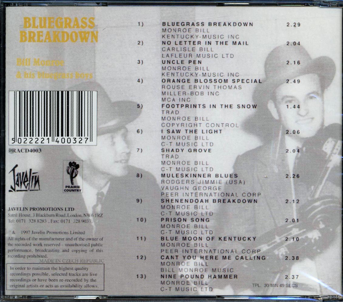 Bill Monroe & His Bluegrass Boys - Blue Grass Breakdown Music CD
