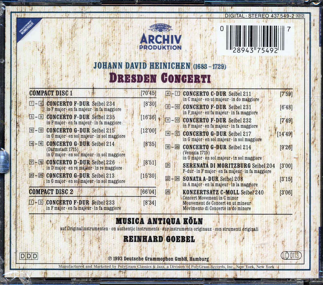 Johann David Heinichen, Reinhard Boebel - Musica Antiqua Koln; Dresden Concerti (2xCD) Music CD