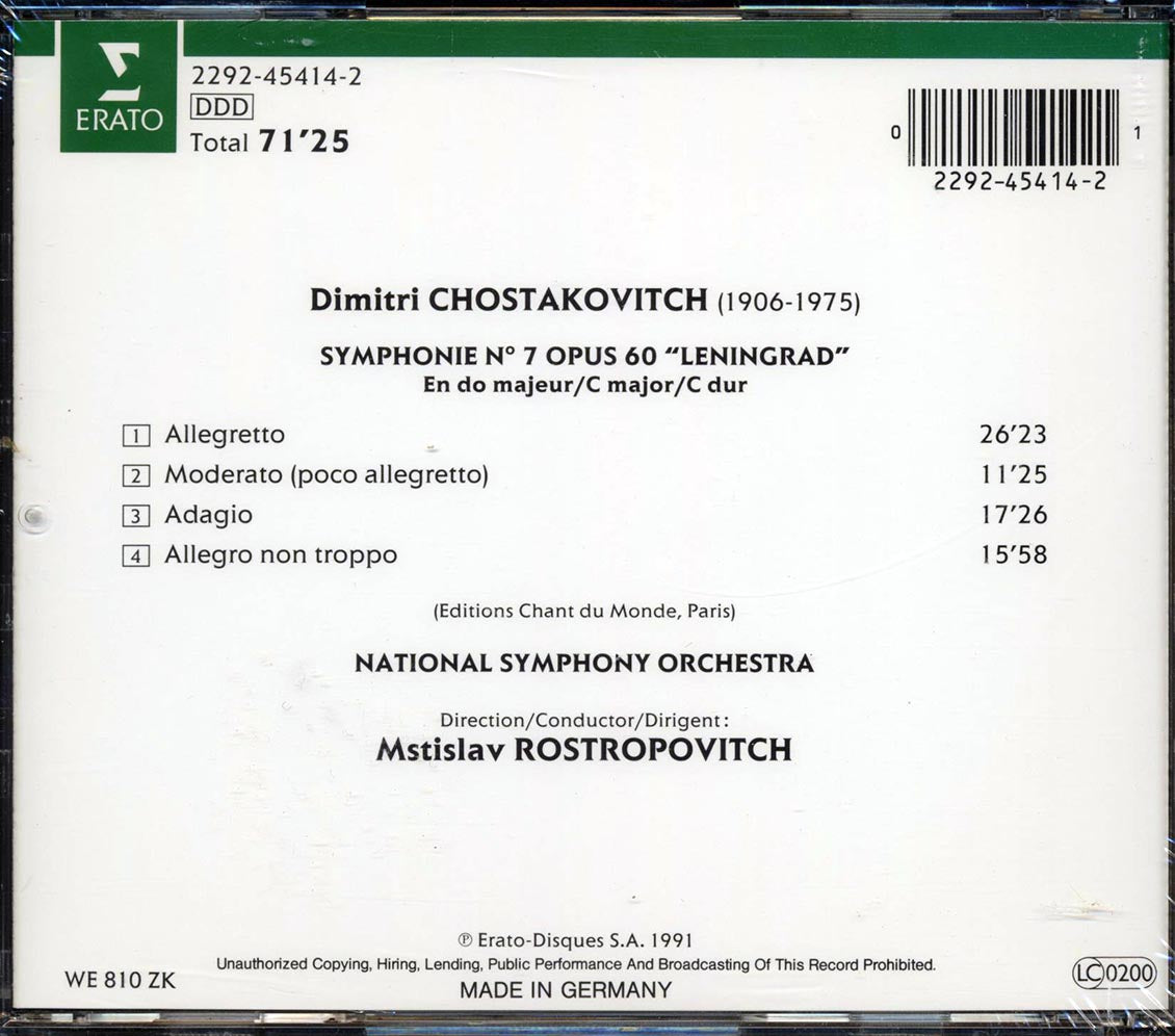 Chostakovitch, National Symphony Orchestra, Mstislav Rostropovitch - Symphonie No. 7: Lenningrad Music CD