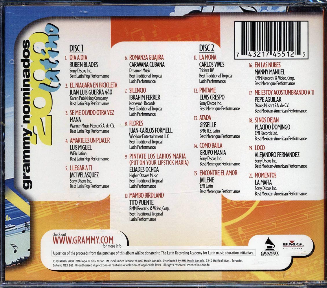 Ruben Blades Mana Luis Miguel Etc Grammy Nominados 2000 Latino Music CD