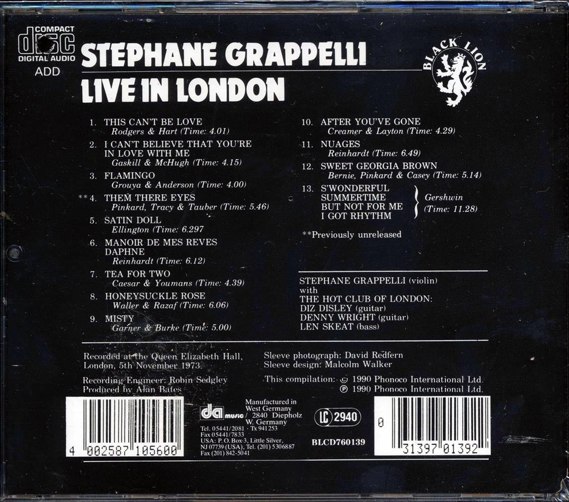 Stephane Grappelli - Live In London Music CD