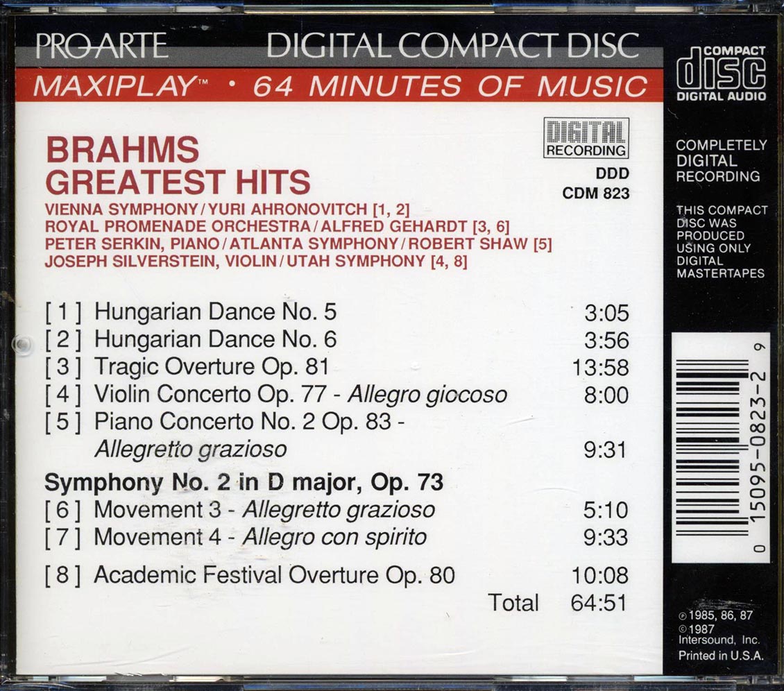 Brahms - Greatest Hits Music CD