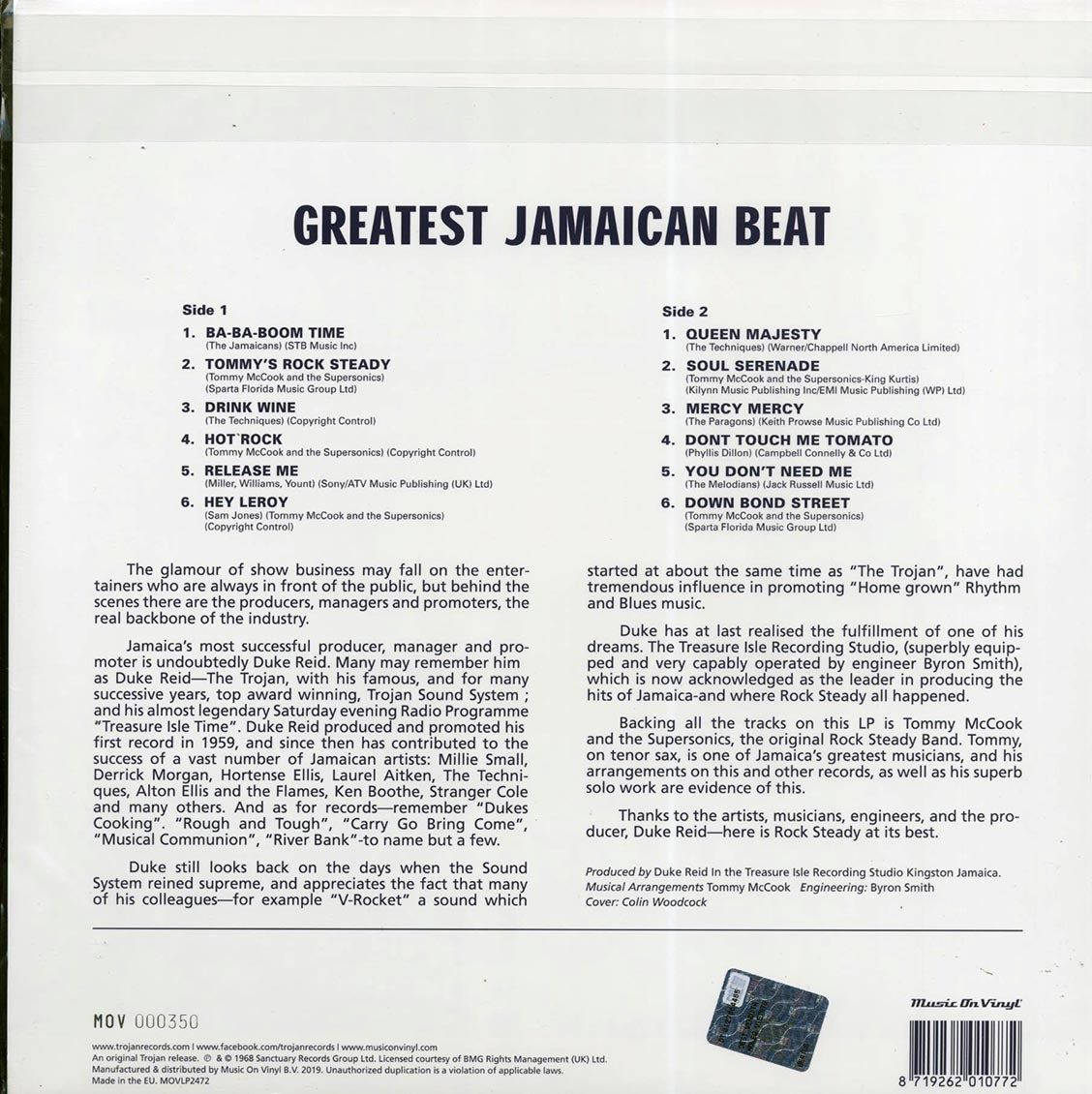 Phyllis Dillon, Tommy McCook & The Supersonics, The Melodians, Etc. - Greatest Jamaican Beat: Rock Steady Baba Boom Time (ltd. 750 copies made) (180g) (orange vinyl) (audiophile) Vinyl Record
