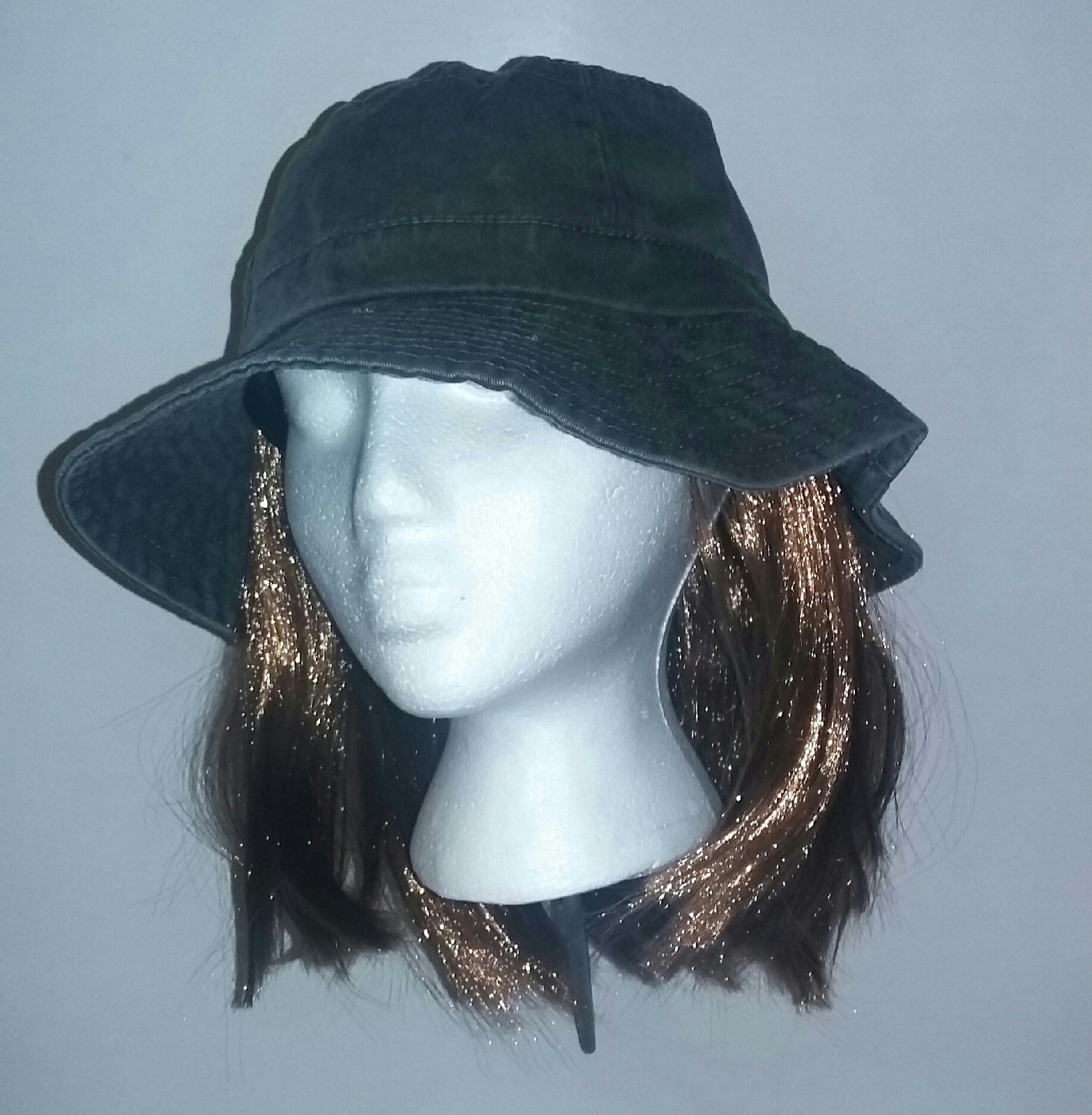 Washed Denim Cotton Bucket Hat With Attached Light Brown Hair