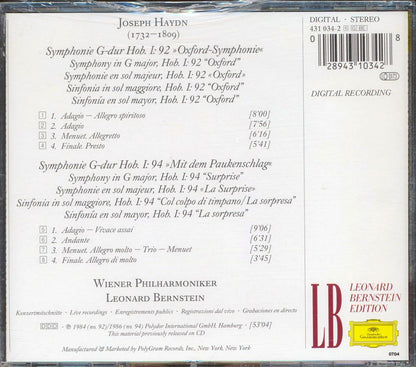 Joseph Haydn, Wiener Philharmoniker, Leonard Bernstein - Symphonien No.92 Oxford & No.94 Mit Dem Paukenschlag Surprise Music CD