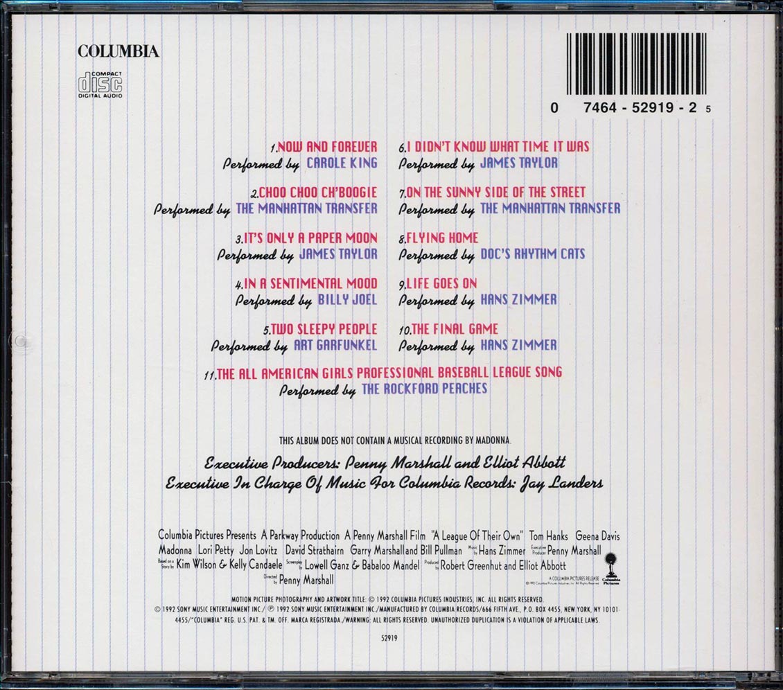 Carole King, Billy Joel, James Taylor, Etc. - A League Of Their Own: Music From The Motion Picture Music CD