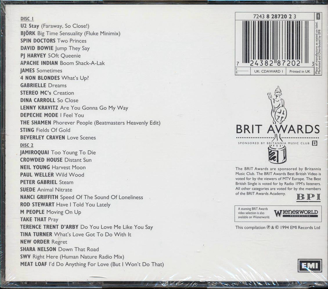 U2 Bjork Spin Doctors Etc Brit Awards 1994 Music CD