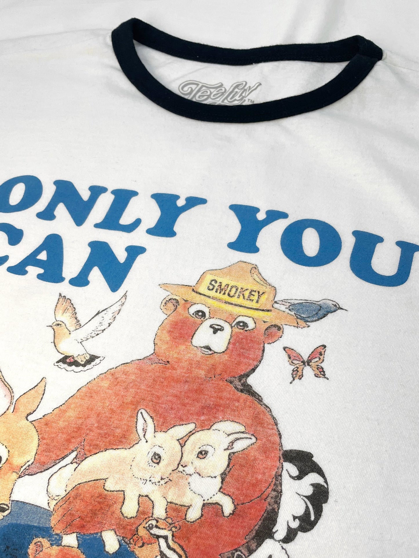 Smokey Bear Only You Can Prevent Wildfires Ringer Mens T Shirt Officially Licensed White and Black