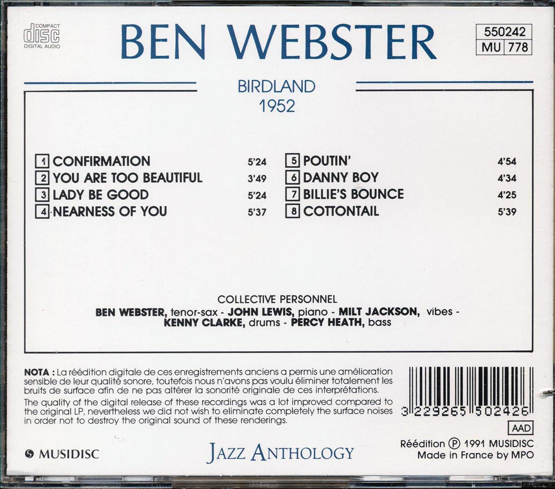 Ben Webster - Birdland 1952  (marked/ltd stock) Music CD