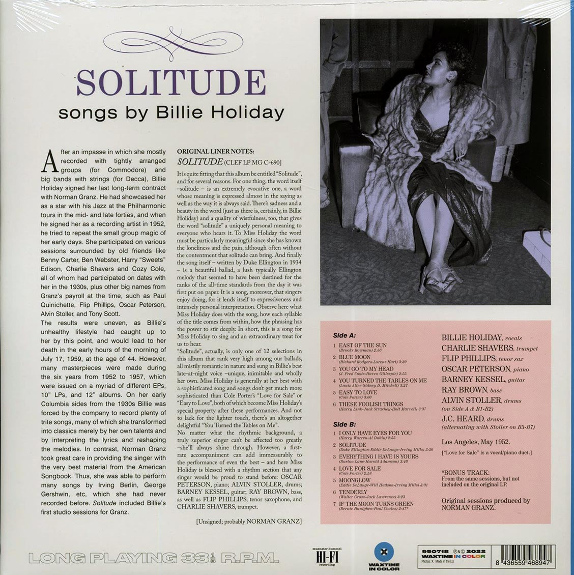 Billie Holiday - Solitude (+bonus track) (ltd. ed.) (180g) (blue vinyl) Vinyl Record