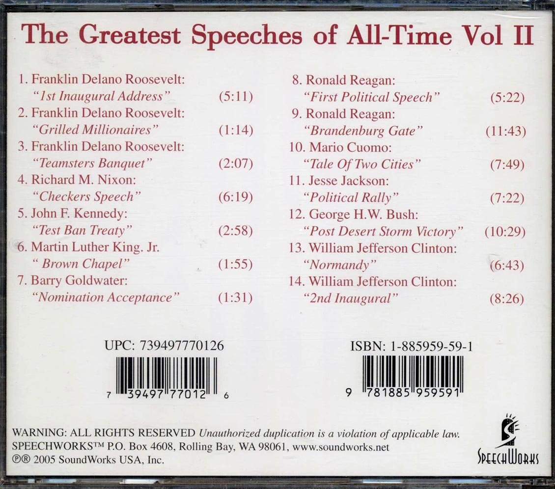 Franklin D Roosevelt, Ronald Reagan, John F Kennedy, Etc. - The Greatest Speeches Of All-Time Volume 2 Music CD
