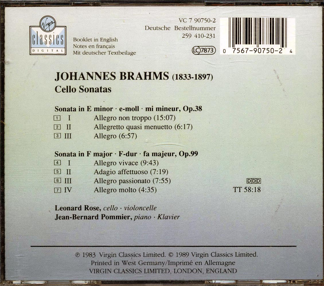 Leonard Rose, Jean-Bernart Pommier, Brahms - Brahms: Cello Sonatas Music CD
