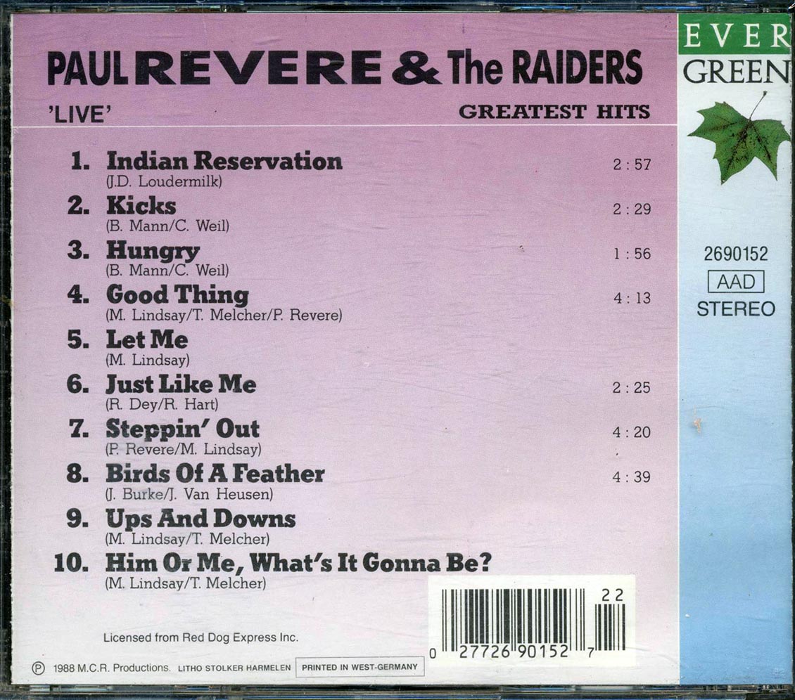 Paul Revere & The Raiders Greatest Hits Live Music CD