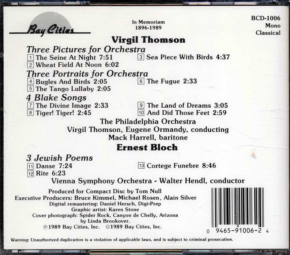 Virgil Thomson, Ernest Bloch - 3 Portraits For Orchestra, 3 Pictures For Orchestra, 4 Blake Songs, 3 Jewish Poems Music CD