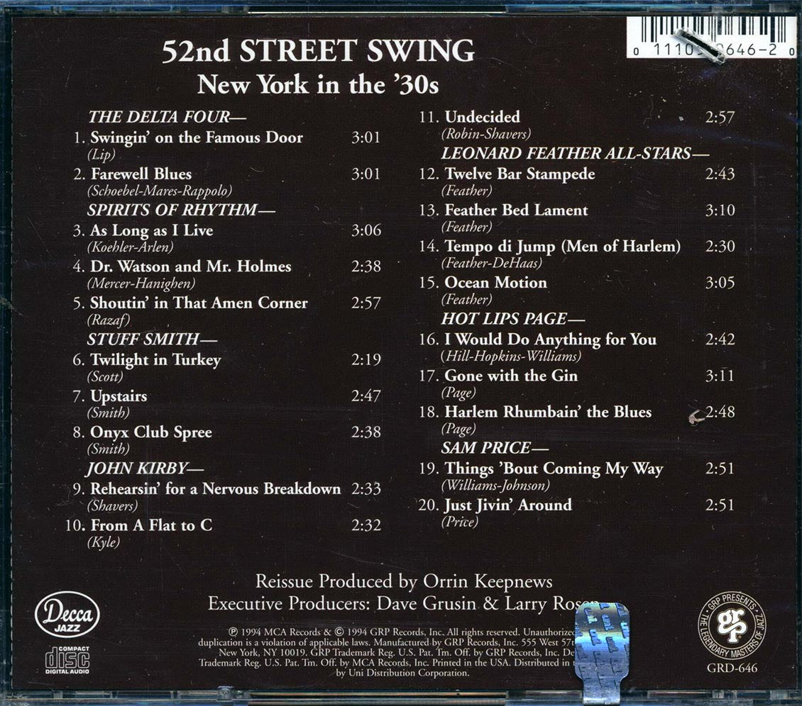Hot Lips Page, The Delta Four, Spirits Of Rhythm, Stuff Smith, Etc. - 52nd Street Swing: New York In The 30's Music CD