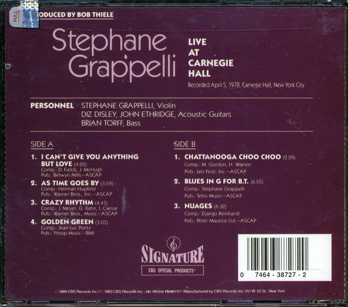 Stephane Grappelli - Live At Carnegie Hall Music CD