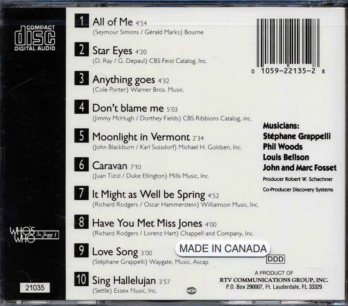 Stephane Grappelli, Phil Woods, Louis Bellson - Recorded September 22, 1987 Music CD