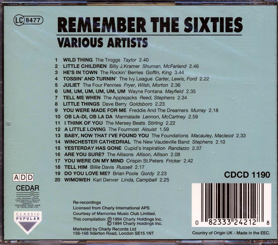 The Troggs, Billy J Kramer, The Four Pennies, Marmalade, Etc. - Remember The Sixties (20 tracks) Music CD