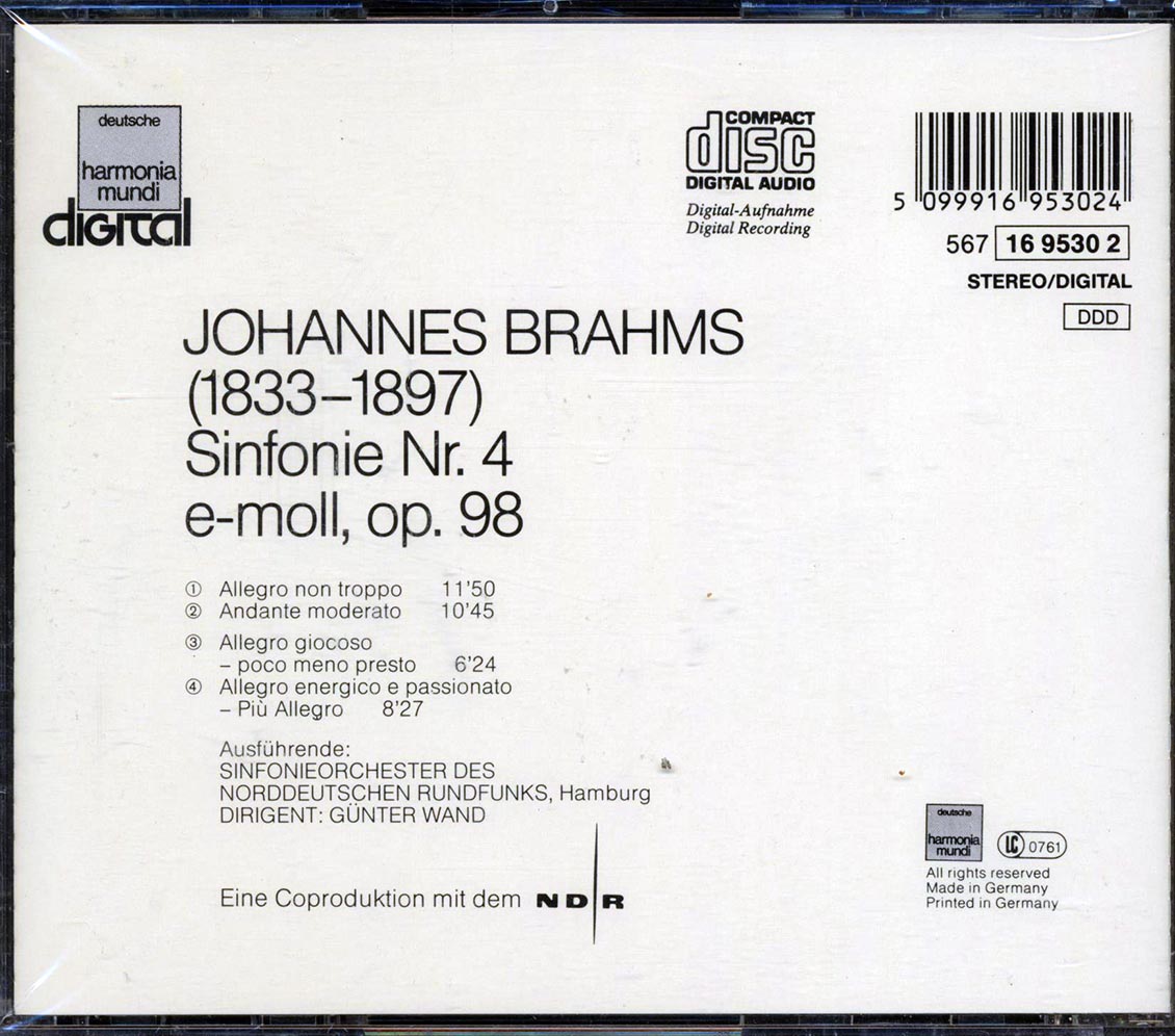 Gunter Wand, Sinfonieorchester Des Norddeutschen Rundfunks, Johannes Brahms - Sinfonie Nr. 4 E-Moll, Opus 98 Music CD
