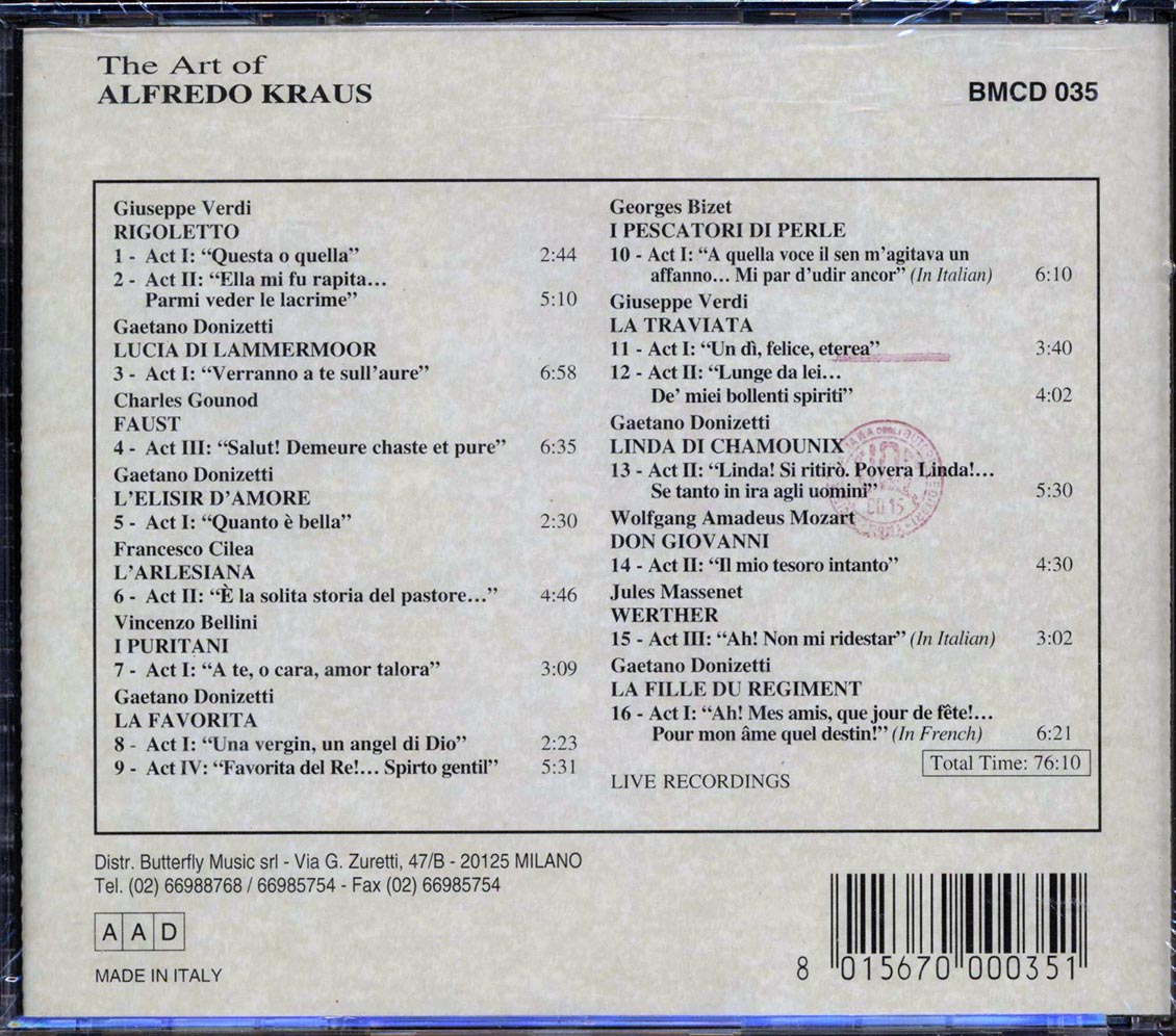 Alfredo Kraus - The Art Of Alfredo Kraus Music CD