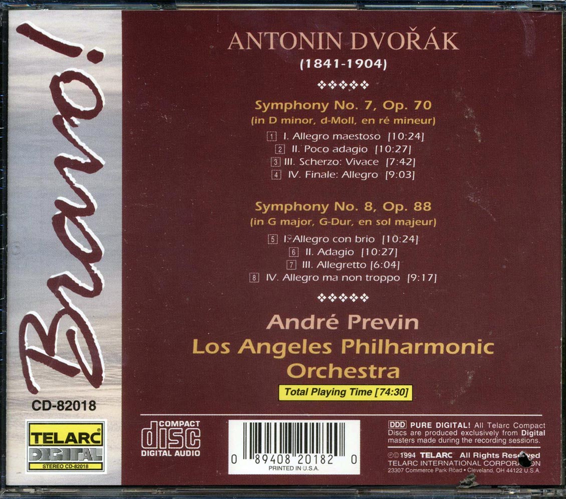 Andre Previn, Los Angeles Philharmonic Orchestra - Dvorak Symphony No. 7 In D Minor, Op. 70 Symphony No. 8 In G Major, Op. 88 Music CD