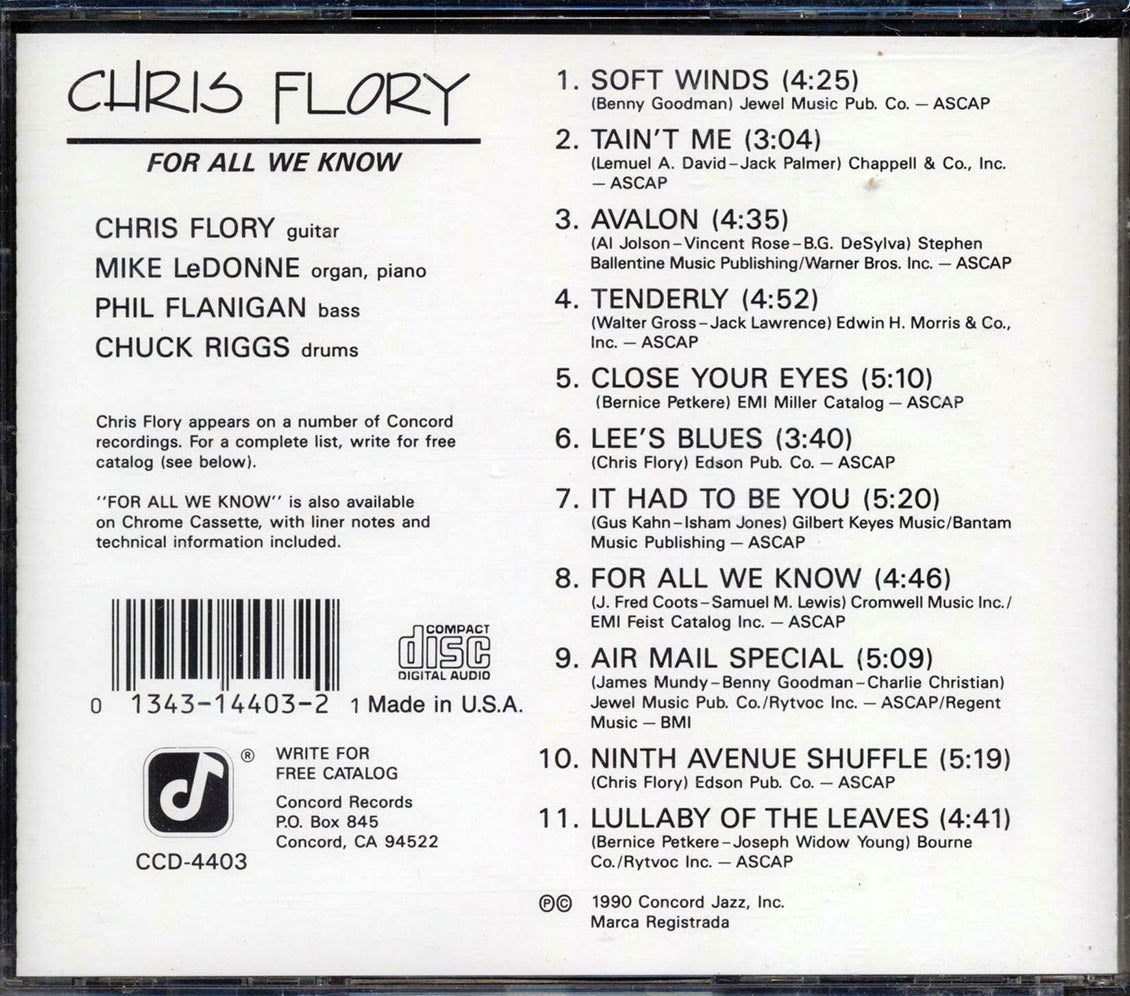 Chris Flory - For All We Know Music CD